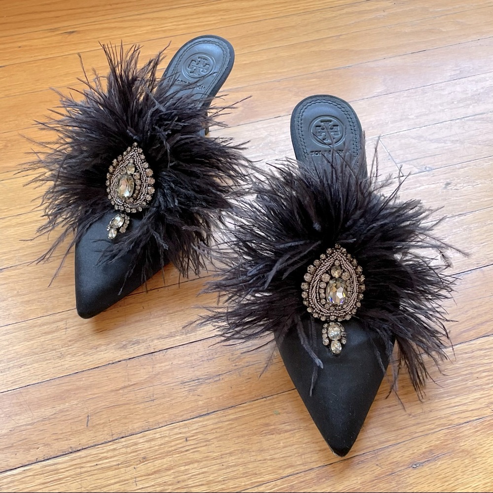 Tory Burch Black Feather Embellished Mules